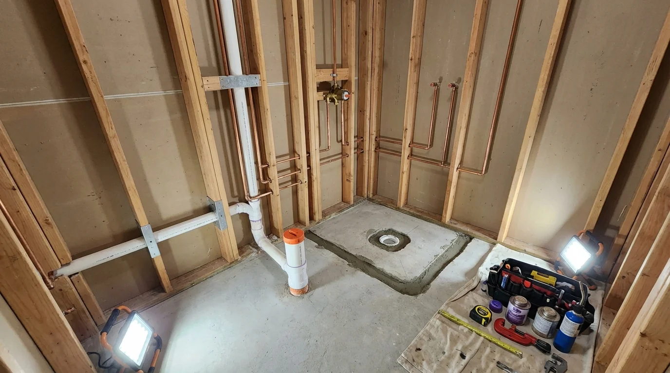 Bathroom rough-in plumbing during remodel by Johns Plumbing LLC in Toluca