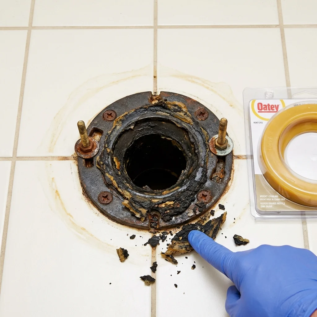 Failed wax ring showing water seepage at the base of a toilet in a Toluca, IL home